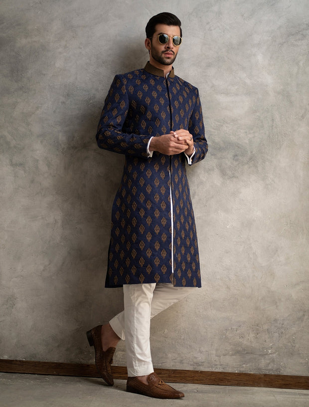 Embroidered Jamawar Blue Sherwani for Wedding Wear