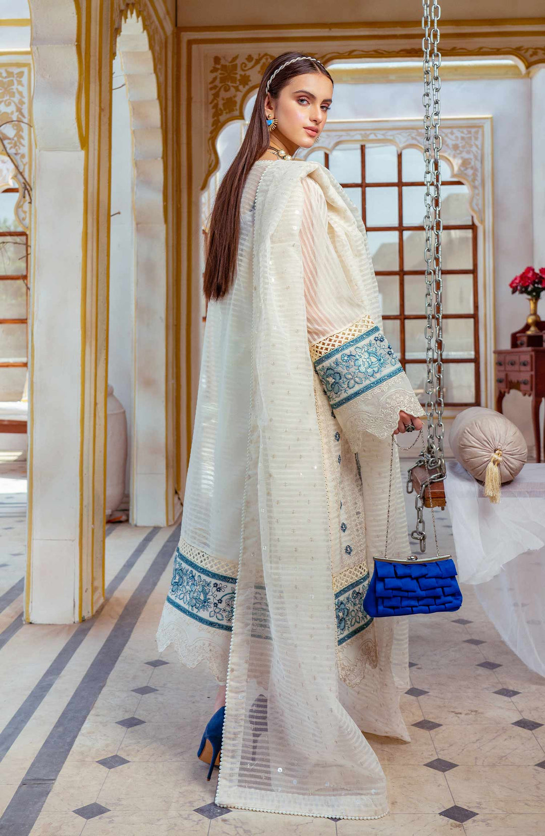 Embroidered Kameez Trouser Dupatta in Organza Fabric Online