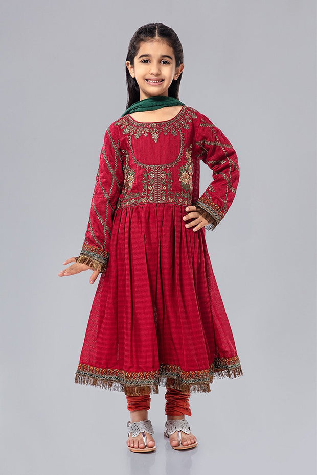 Embroidered Kids Frock for Eid in Red Color N9031