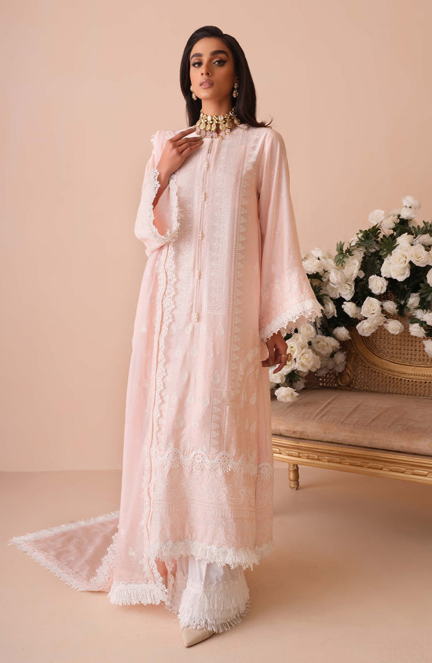 Embroidered Light Pink Kameez Trouser Dupatta Pakistani Dress Nameera by Farooq