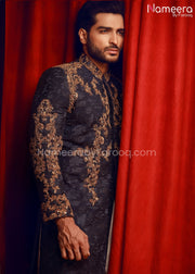 Embroidered Mens Sherwani in Navy Blue Color Close Up