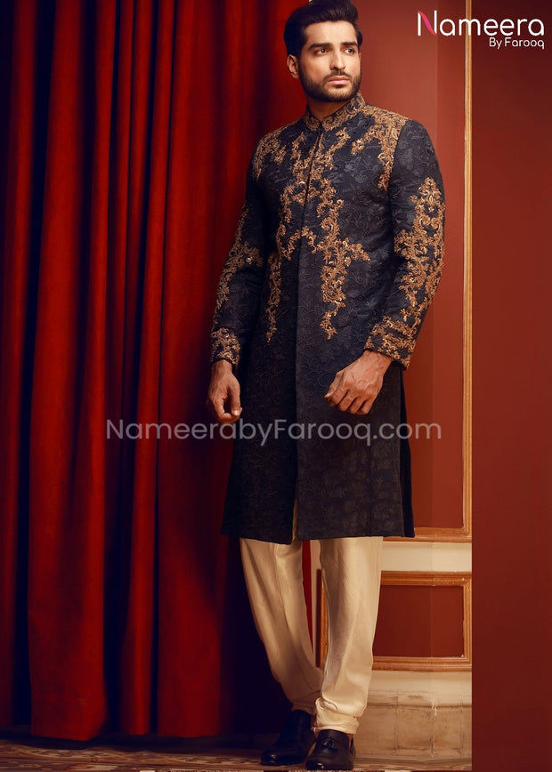 Embroidered Mens Sherwani in Navy Blue Color