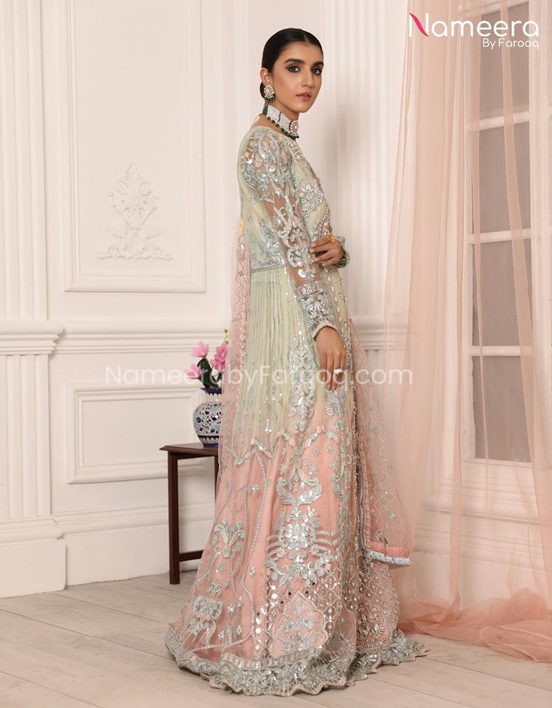 pastel colour pakistani dresses Rohesia, Silver Bridal Front-open kameez with lehenga (Baraat)
