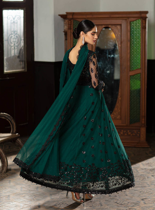 Embroidered Net Saree In Emerald Green Color 2022