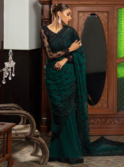 Embroidered Net Saree In Emerald Green Color