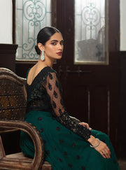 Embroidered Net Saree In Emerald Green