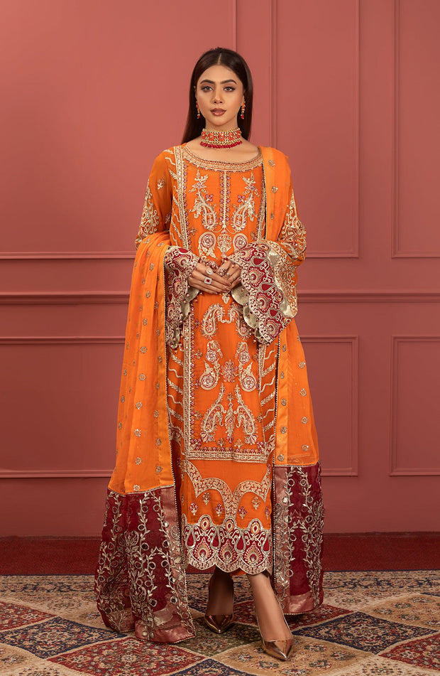 Embroidered Orange Kameez Salwar Pakistani Party Dress