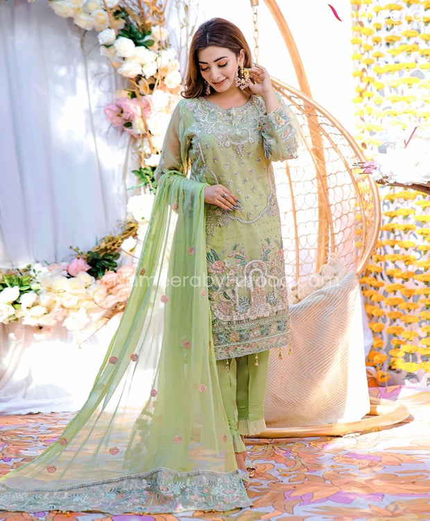 Embroidered Pakistani Dress in Pistachio Shade 2021