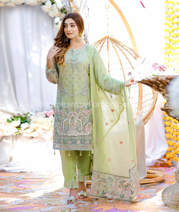 Embroidered Pakistani Dress in Pistachio Shade