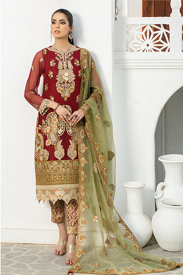 Embroidered Pakistani Eid Dress in Chiffon Kameez Dupatta and Jamawar Trouser Style