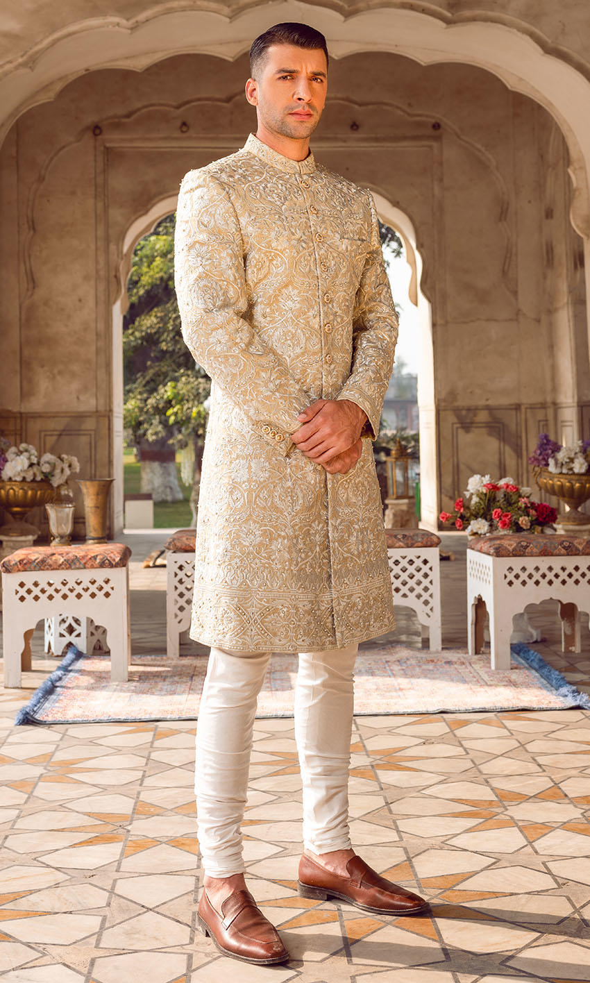 slim fit dress slacks Emaan Adeel X Kamari Reveuse Off White Pakistani Wedding Suit main image 1