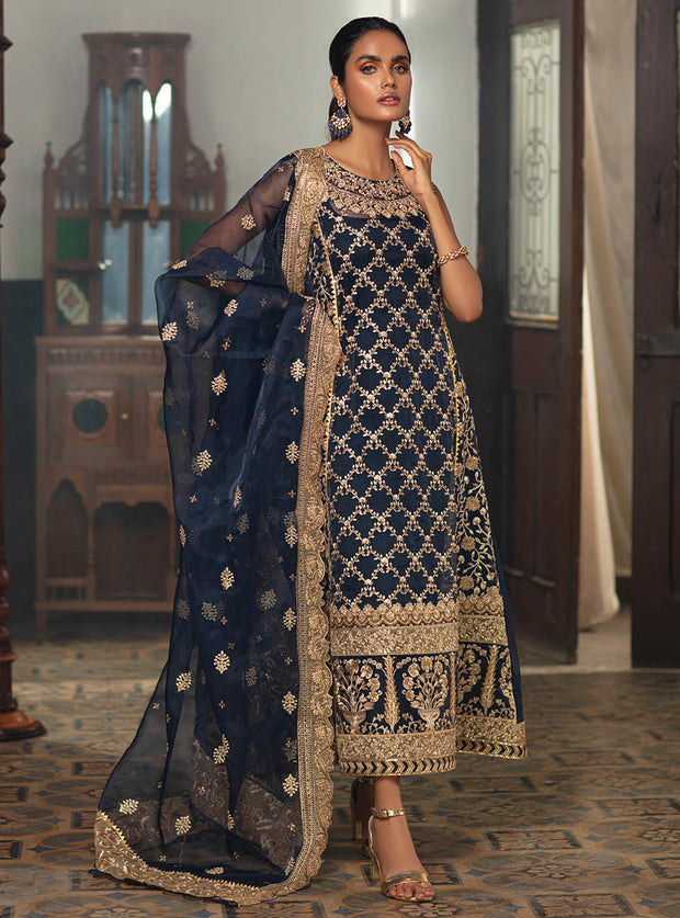 Embroidered Pakistani Suit In Navy Blue Color 2022