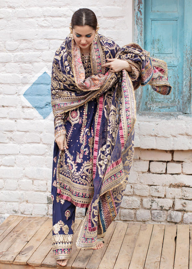 Embroidered Pakistani Wedding Dress in Blue Kameez Trouser Style