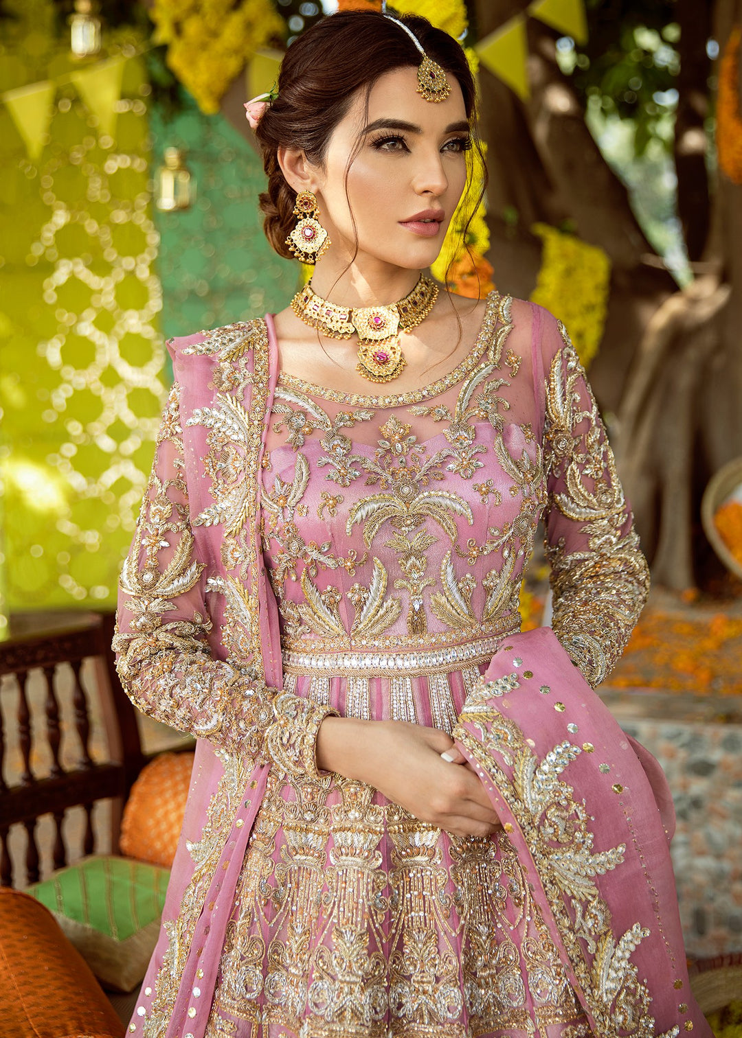 Embroidered Pink Bridal Outfit for Wedding  Neckline View
