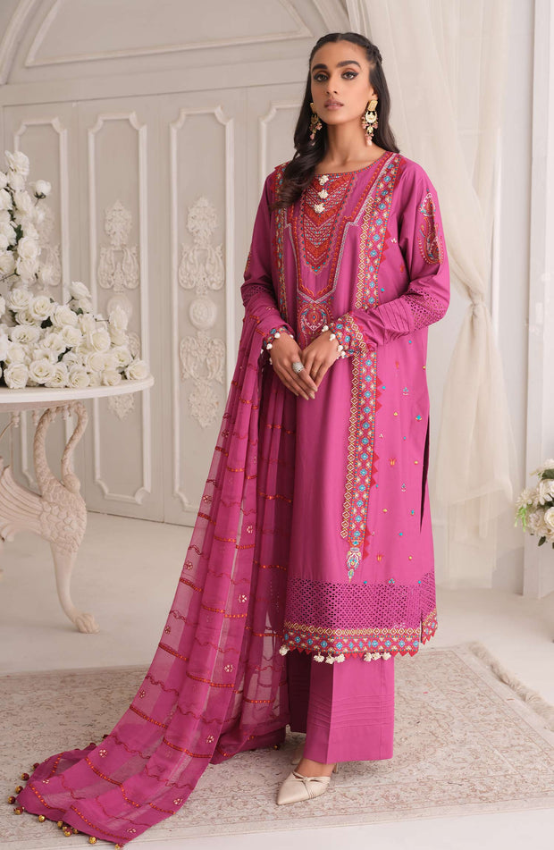 Embroidered Pink Kameez Trouser Dupatta Dress in Lawn