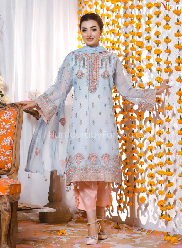 Embroidered Salwar Kameez in Light Blue Shade
