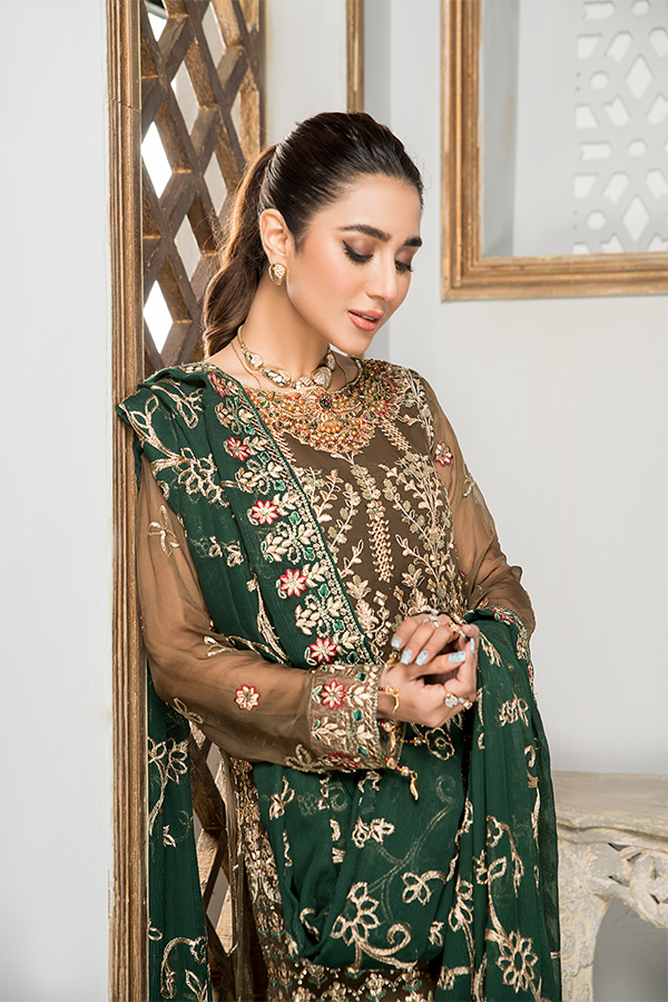 Embroidered Salwar Kameez in Olive Green Shade Online