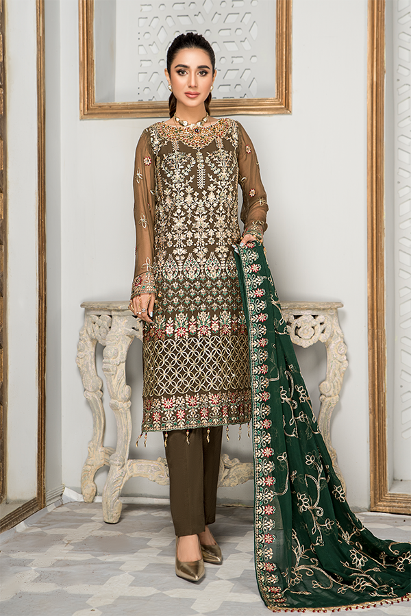 Embroidered Salwar Kameez in Olive Green Shade