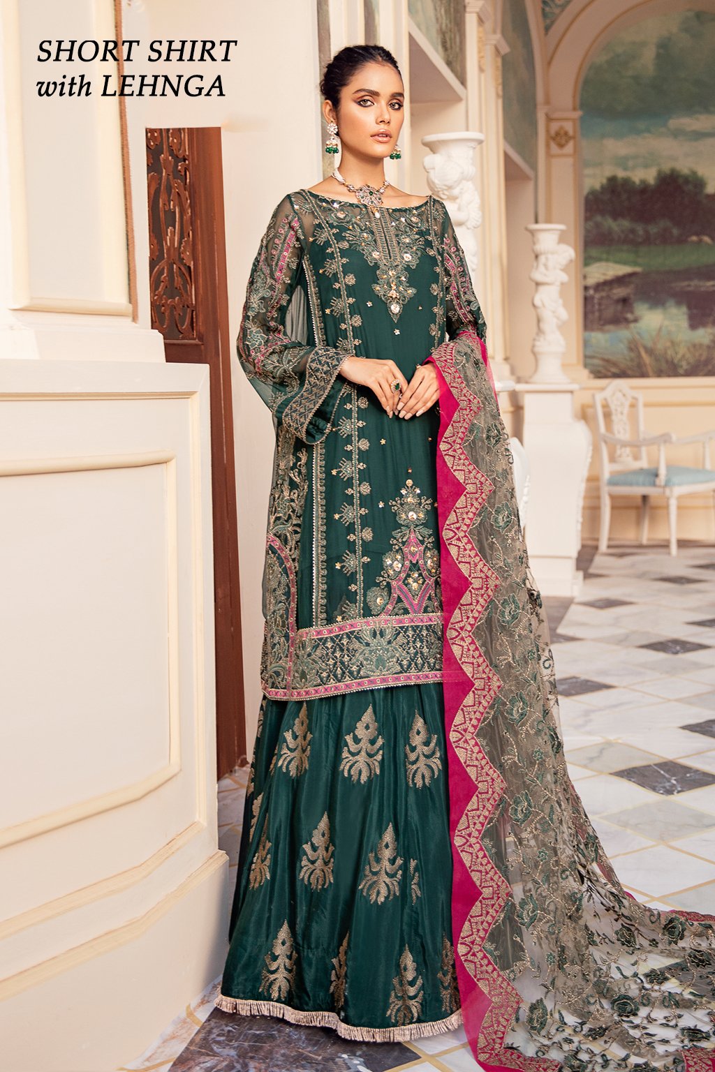 Embroidered Short Shirt with Lehnga in Bottle Green Color