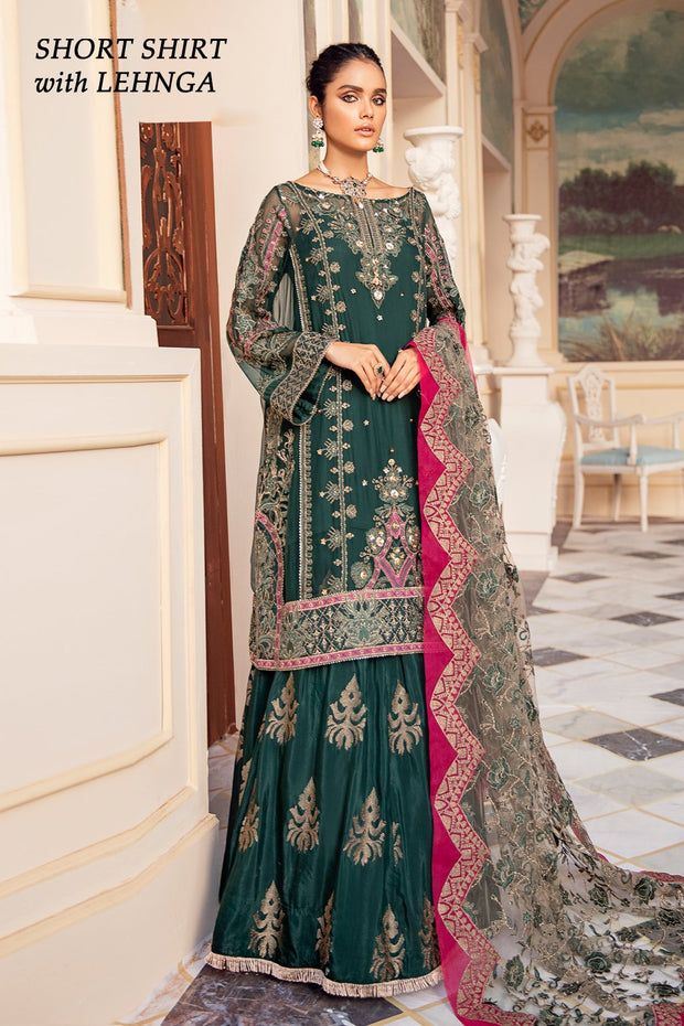 Embroidered Short Shirt with Lehnga in Bottle Green Color