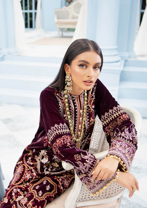 Embroidered Velvet Dress Pakistani in Plum Shade 2021