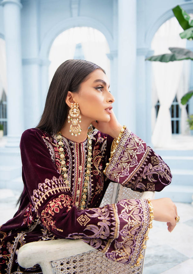 Embroidered Velvet Dress Pakistani in Plum Shade Designer