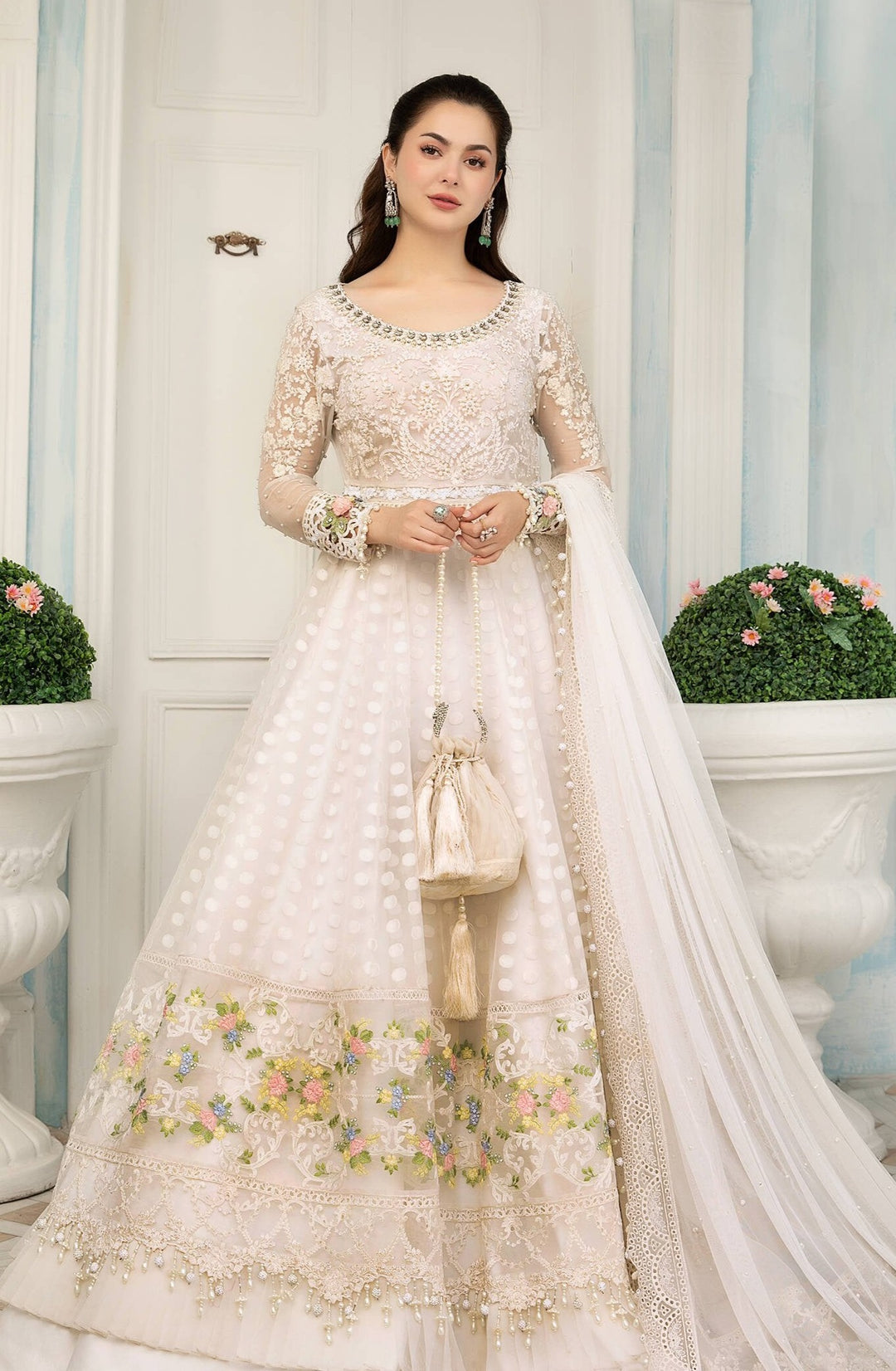 Embroidered White Lehenga Frock Pakistani Eid Dress