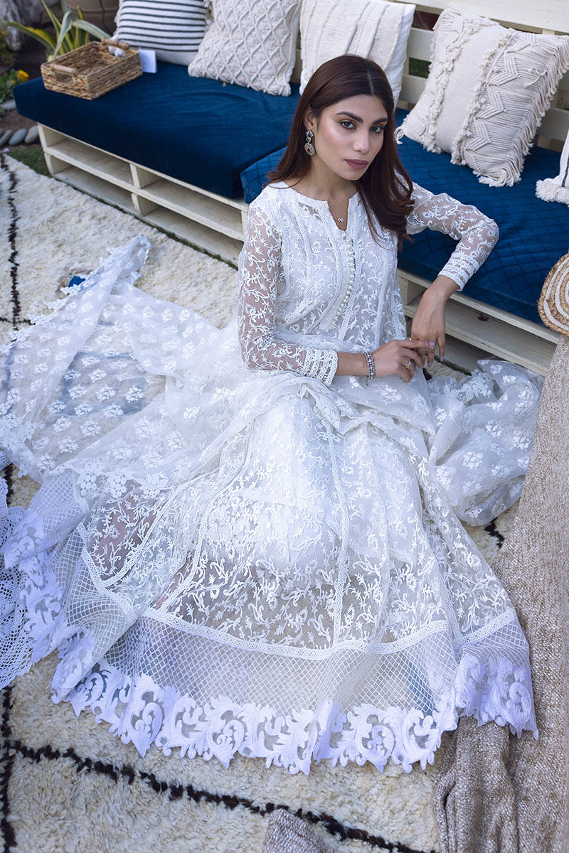 Embroidered White Long Frock Dupatta Pakistani Party Dress