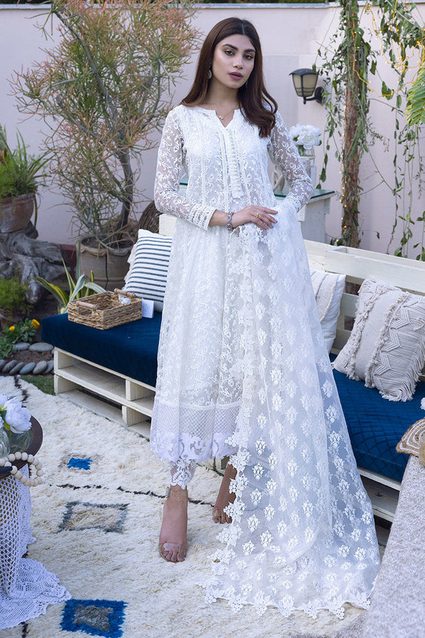 Embroidered White Long Frock Dupatta Pakistani Party Dresses Nameera by Farooq
