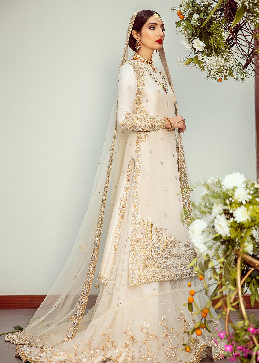 Embroidered White Net Lehnga for Wedding Side Pose