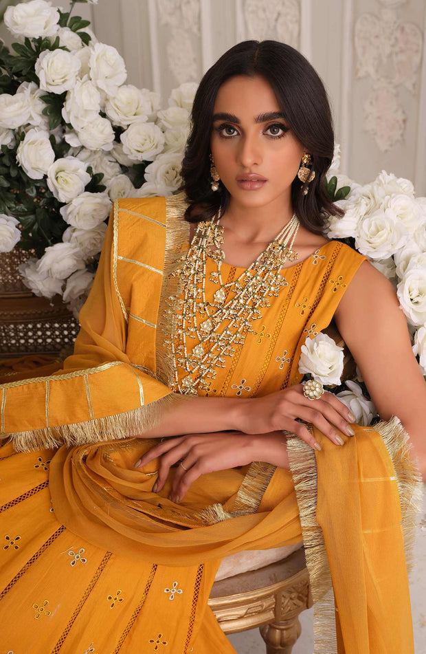 Embroidered Yellow Pakistani Maxi Eid Dress in Lawn Fabric