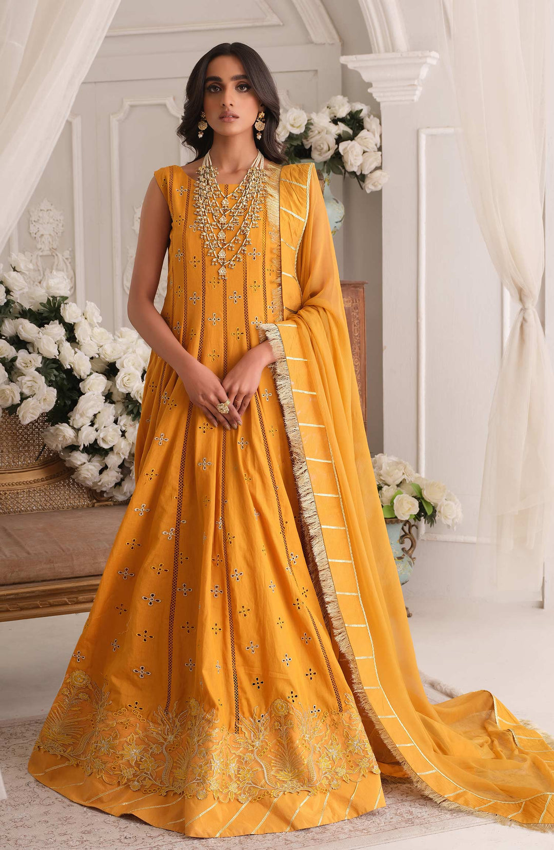 Embroidered Yellow Pakistani Maxi Eid Dress in Lawn Fabric LARGE