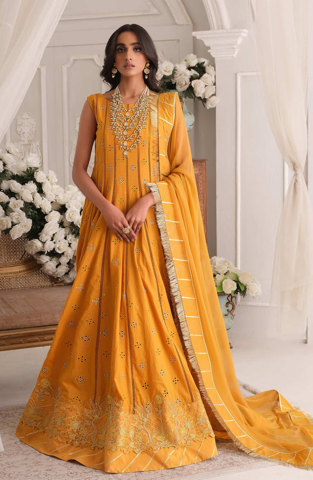 Embroidered Yellow Pakistani Maxi Eid Dress in Lawn
