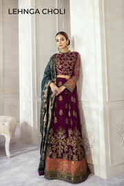 Embroidered Chiffon Lehnga Choli in Purple and Sea Green Color