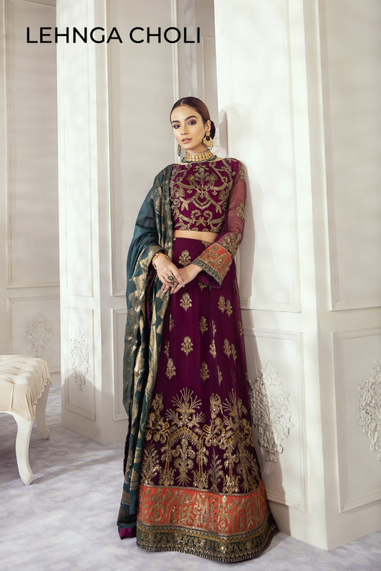 Embroidered Chiffon Lehnga Choli in Purple and Sea Green Color