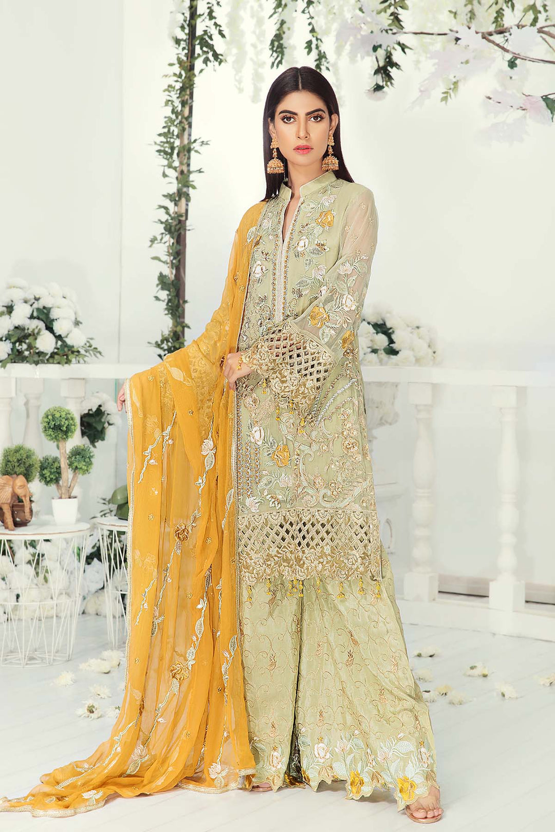 Embroidered Chiffon Suit in Cream Color #J6117