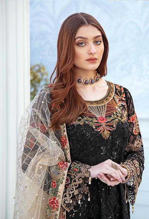 Latest embroidered chiffon dress 2020 in black and skin color # P2514