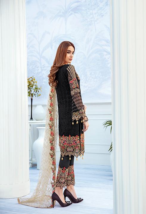 Latest embroidered chiffon dress 2020 in black and skin color # P2514