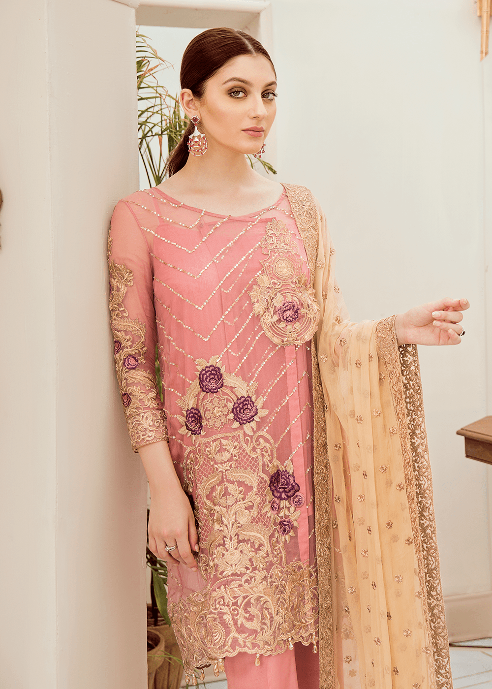 Pakistani embroidered fancy chiffon outfit in pink color # P2285