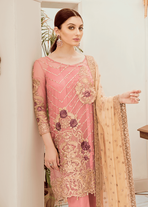 Pakistani embroidered fancy chiffon outfit in pink color # P2285