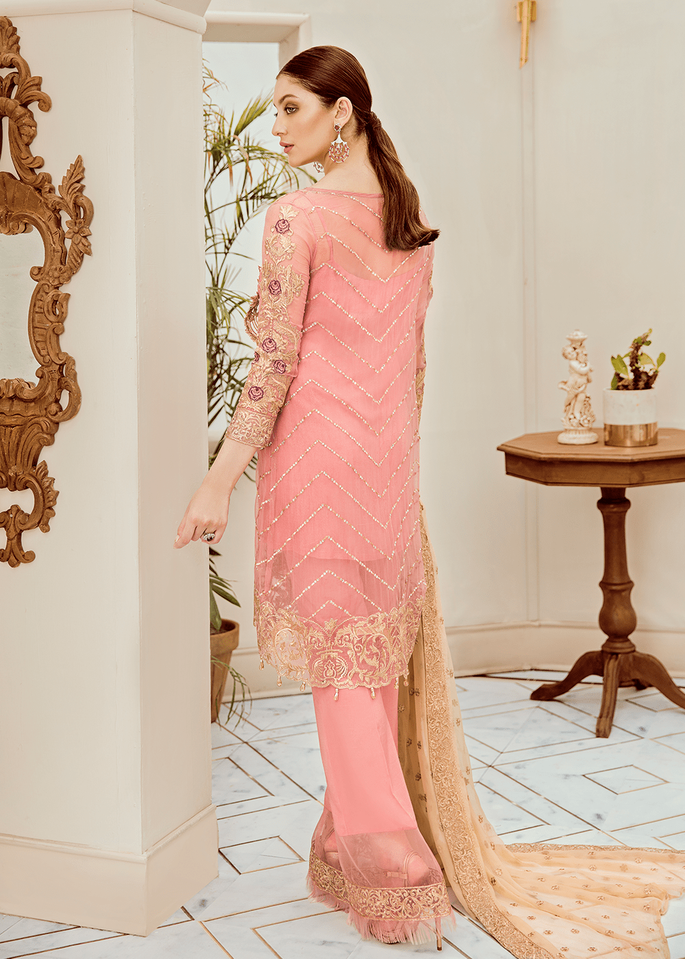 Pakistani embroidered fancy chiffon outfit in pink color # P2285