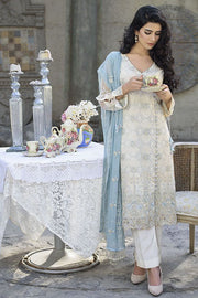 Embroidered crinkle chiffon dress in ash-cream color