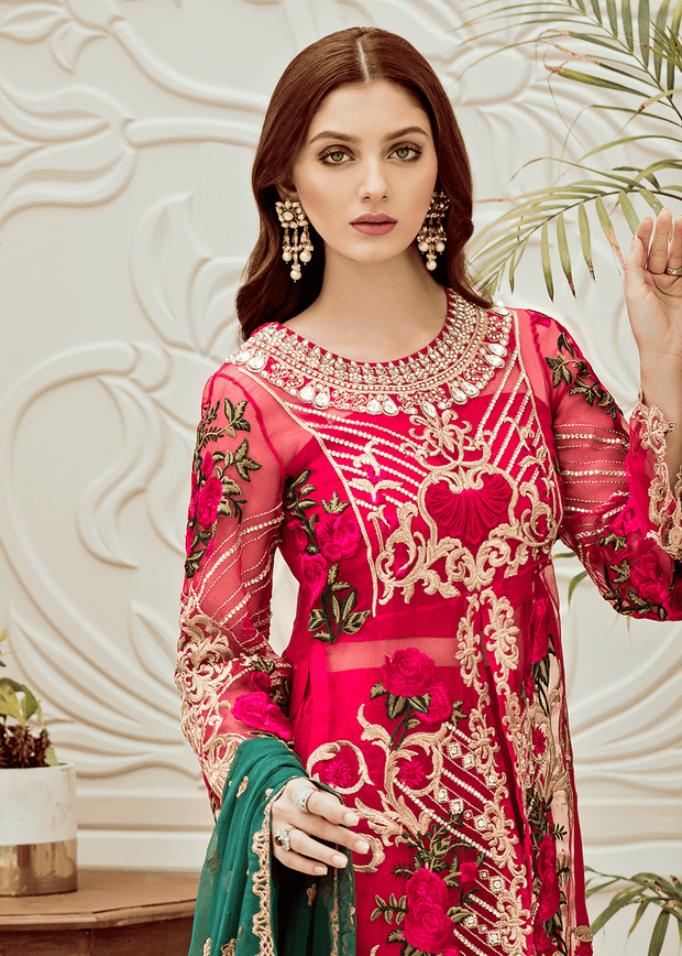 Pakistani embroidered fancy dress in hot pink color # P2279