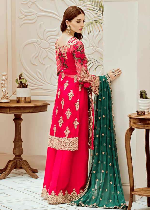 Pakistani embroidered fancy dress in hot pink color # P2279