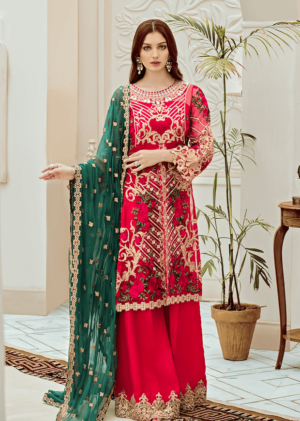 Pakistani embroidered fancy dress in hot pink color