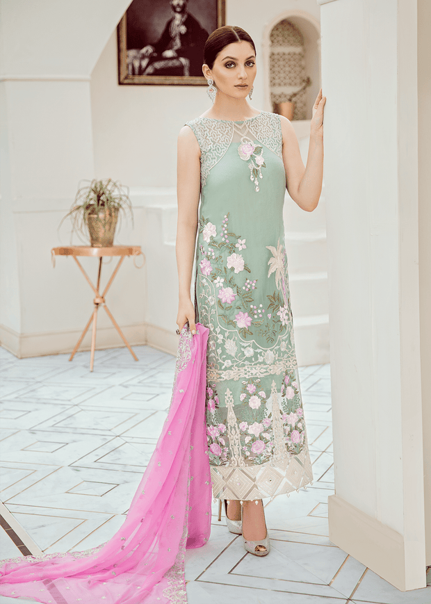 Pakistani embroidered fancy dress in lavish aqua color