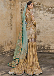 Latest embroidered gharara dress for wedding in copper gold color # B3397
