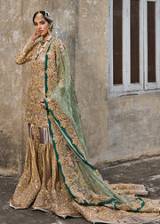 Latest embroidered gharara dress for wedding in copper gold color # B3397