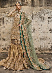 Latest embroidered gharara dress for wedding in copper gold color