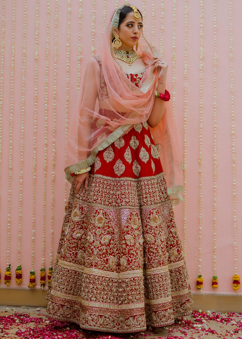 Latest Indian embroidered skirt dress in red color for wedding wear # B3410